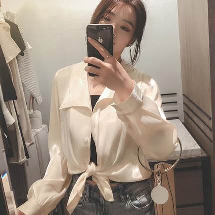 Long-Sleeved - 光沢素材 ビックカラー ブラウス レディース トップス シャツ 袖あり 長袖 Vネック 襟付き 前開き ツヤ感 高見え ゆったり ゆるサイズ きれいめ シンプル おしゃれ 大人 かっこいい クール 無地 春 秋 冬 OL 通勤 学生 通学 デート お出かけ 女子会 休日 大きいサイズ 2XL 青