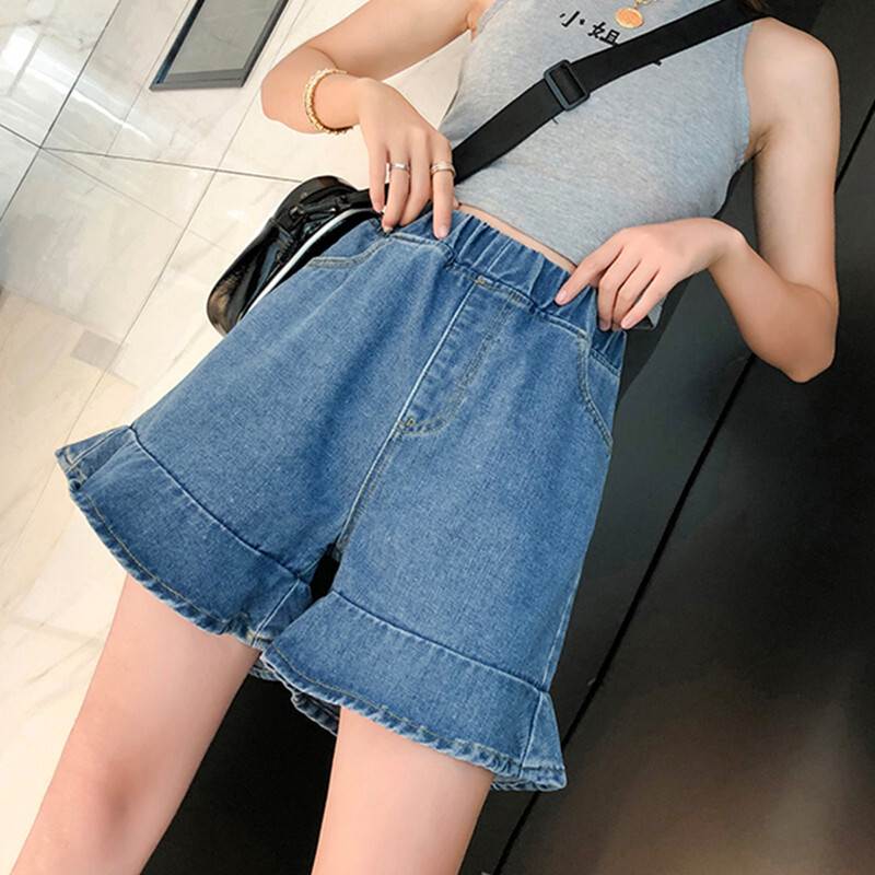 Short Pants - レディース デニム ショート パンツ ボトムス フリル ウエストゴム デニム シンプル カジュアル S M L XL 2XL 3XL 4XL 5XL こなれ感 ラフ ボーイッシュ スポーティー 大きいサイズ 無地 大人可愛い 韓国 オルチャン 個性的 デザイン おしゃれ