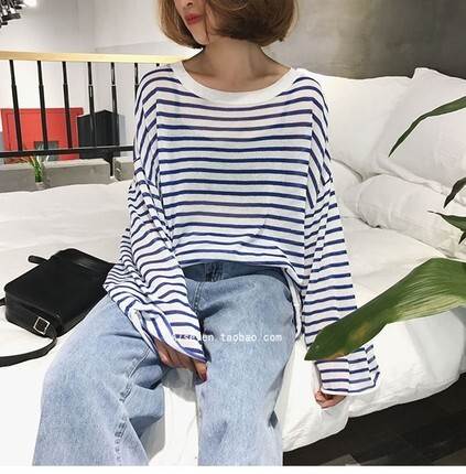 PORTER - 透け感 トップス レディース ロンT ボーダー Tシャツ 長袖 ラウンドネック シースルー カジュアル かわいい こなれ感 ラフ ボーイッシュ ルーズ オーバーサイズ 柄 ストライプ 春 夏 大人可愛い 韓国 オルチャン 個性的 デザイン おしゃれ