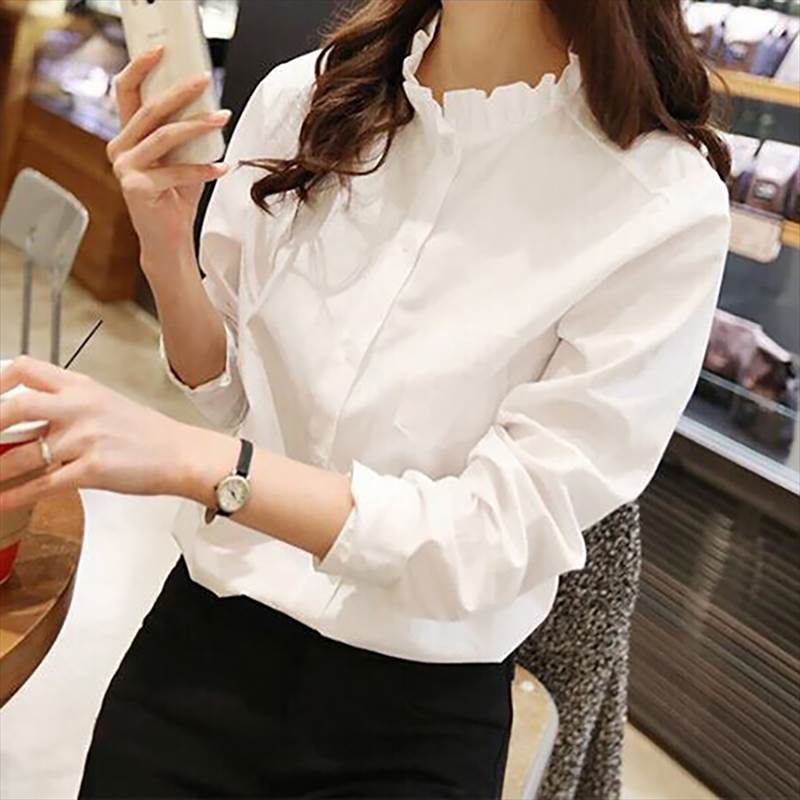 樂天商城 - ブラウス レディース フリル シャツ トップス 長袖 ハイネック 襟付き 前開き ボタン 綿 かわいい 大人 きれいめ シンプル カジュアル 上品 おしゃれ ラブリー キュート ガーリー 無地 春 秋 冬 OL 通勤 通学 学校 普段着 デート 女子会 ランチ 重ね着 レイヤード ホワイト