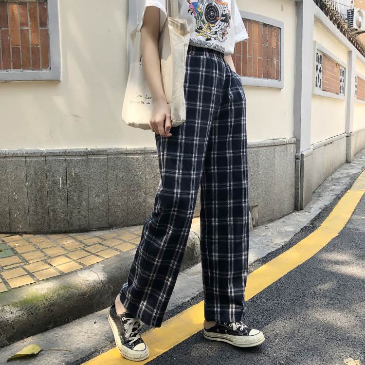 乐天商城 - チェック柄 パンツ レディース ボトムス ストレート ウエストゴム ハイウエスト ポケット付き シンプル カジュアル 上品 学生 大人 可愛い おしゃれ レトロ 体型 カバー 脚長効果 格子柄 普段使い お出かけ 通学 デート 休日 春夏 秋冬 オールシー 韓国 オルチャン