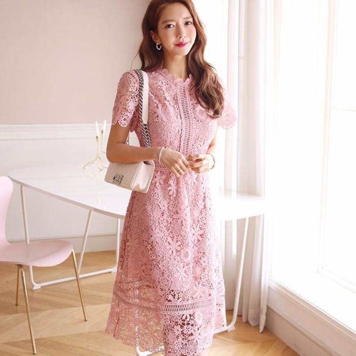 レースワンピース ワンピ ドレス 膝下 フラワー柄 半袖 ラウンドネック スカラップカット ハイウエスト はしごレース 透け感 足見せ 美脚 シースルー シンプル きれいめ 上品 大人 可愛い おしゃれ 甘め ラブリー ガーリー スゥイート デート お呼 韓国 オルチャン