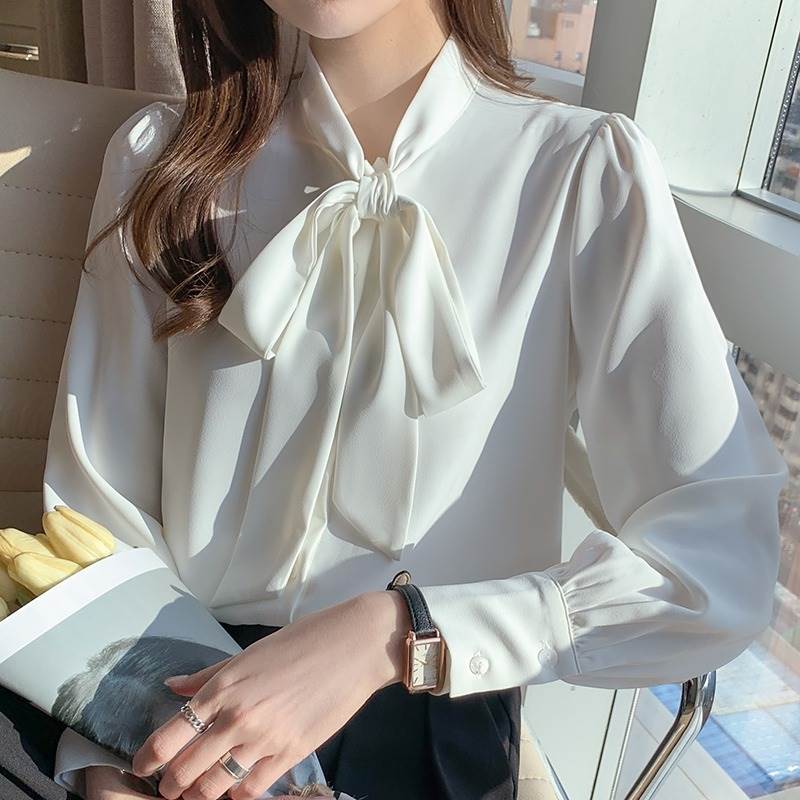乐天商城 - トップス レディース ブラウス 長袖 白 春 秋 冬 大きいサイズ XL 2XL ボウタイ シフォン リボン かわいい きれいめ シンプル 上品 おしゃれ ラブリー ガーリー 合わせやすい 重ね着 休日 普段使い デート お出かけ 女子会 イベント パーティー OL 韓国 オルチャン