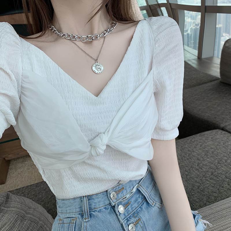 Rakuten - トップス レディース Tシャツ Vネック パフスリーブ 半袖 リボン ビスチェ風 シフォン ドッキング リボン サテン かわいい 大人 シンプル カジュアル おしゃれ ラブリー キュート ガーリー 無地 お出かけ デート 女子会 ランチ 休日 旅行 リゾート 春 夏 ブラウス 個性的