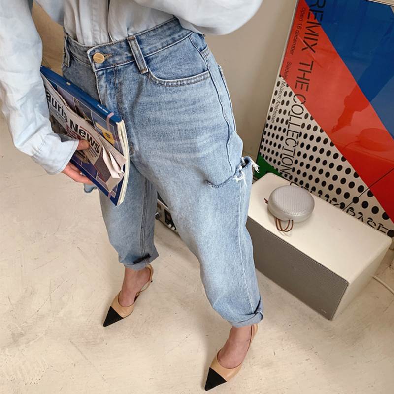 Nylon, Rayon, Polyester - レディース パンツデニム コーデ ダメージ 加工 ボトムス 9分丈 ストレート ハイウエスト デニム 大人 可愛い シンプル カジュアル おしゃれ 大人女子 こなれ感 ラフ 主役級 存在感 無地 春 夏 1代 2代 3代 学生 通学 デート お出かけ イベント 韓国 オルチャン