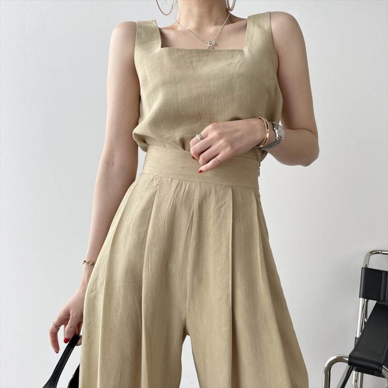 ノースリーブ タック入りパンツ トップス ボトムス セットアップ ワイドパンツ ワンピドレス ロング ロング丈 袖なし ノースリーブ スクエアネック ワイド ハイウエスト ウエストゴム かわいい 大人可愛い きれいめ シンプル カジュアル 大人 おしゃれ お洒落