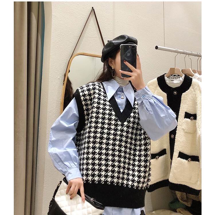 レディースベスト ニット Vネック 千鳥格子柄 セーター トップス 秋 冬 重ね着 レイヤードスタイル レトロガーリー 大人可愛い 大人女子 おしゃれ お洒落 カジュアルコーデ キュート ラブリー ルーズ 通学 学生 大学生 キャンパスコーデ スクールテイスト お出かけ