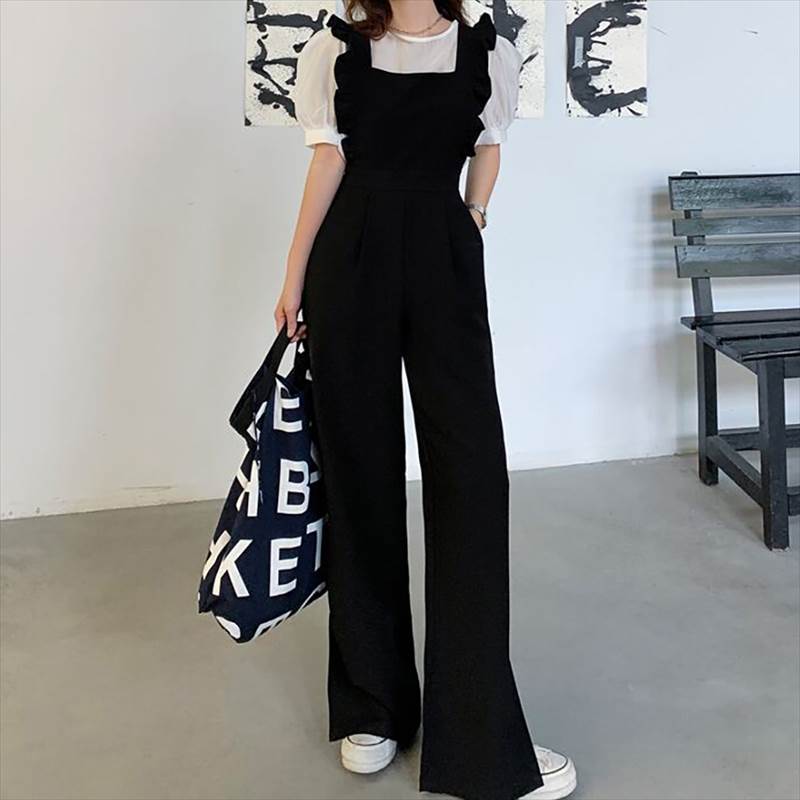 樂天商城 - サロペット パンツ ズボン オーバーオール ボトムス ストレート 袖なし フリル ハイウエスト 切り替え スクエアネック 無地 シンプル スリット ストレートレッグ ゆったり ゆる ルーズ 重ね着 レイヤード コーデ 脚長 美脚 韓国 オルチャン カジュアル 大人可愛い
