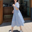 デイジー刺?ワンピース ワンピース フレアワンピース 膝丈 ひざ丈 ミモレ ミモレ丈 袖あり 半袖 パフスリーブ ラウンドネック フレア 刺繍 綿 かわいい 大人可愛い シンプル