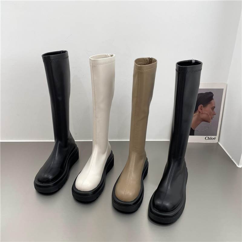 长 - PU レザー ロングブーツ シューズ 靴 くつ クツ ブーツ ミドルブーツ 5cmヒール 厚底 ラウンドトゥ 歩きやすい 裏ボア 暖かい あったか 歩きやすい かわいい 大人可愛い シンプル カジュアル 大人 おしゃれ お洒落 無地 秋 冬 10代 20代 レディース 通勤 学生 通学