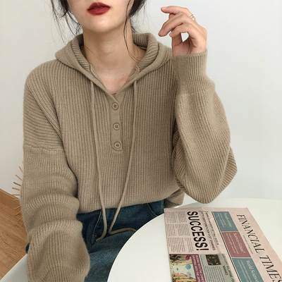 乐天商城 - カラバリ フード付き リブニット セーター トップス プルオーバー ショート ショート丈 袖あり 長袖 ドロップショルダー リブ ニット かわいい 大人可愛い シンプル カジュアル 大人 おしゃれ お洒落 大人女子 ルーズ 無地 春 秋 冬 10代 20代 レディース 通勤 学生