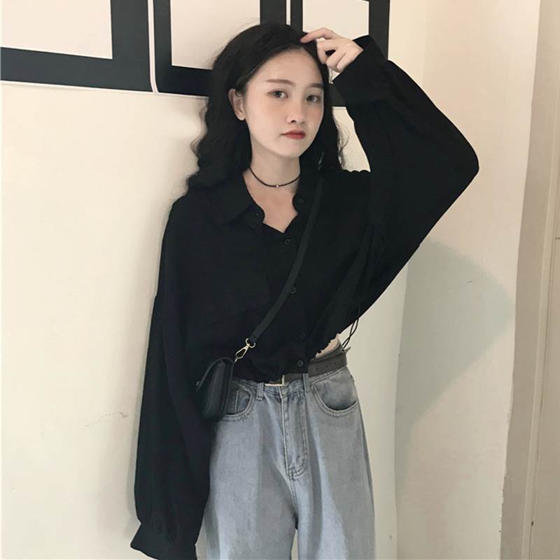 ショート丈 長袖 シャツ トップス ショート 袖あり ドロップショルダー 萌袖 襟付き ポケット 前開き かわいい 大人可愛い シンプル カジュアル 大人 おしゃれ お洒落 大人女子 こなれ感 ルーズ モード系 無地 春 秋 10代 20代 レディース 通勤 学生 通学 デート