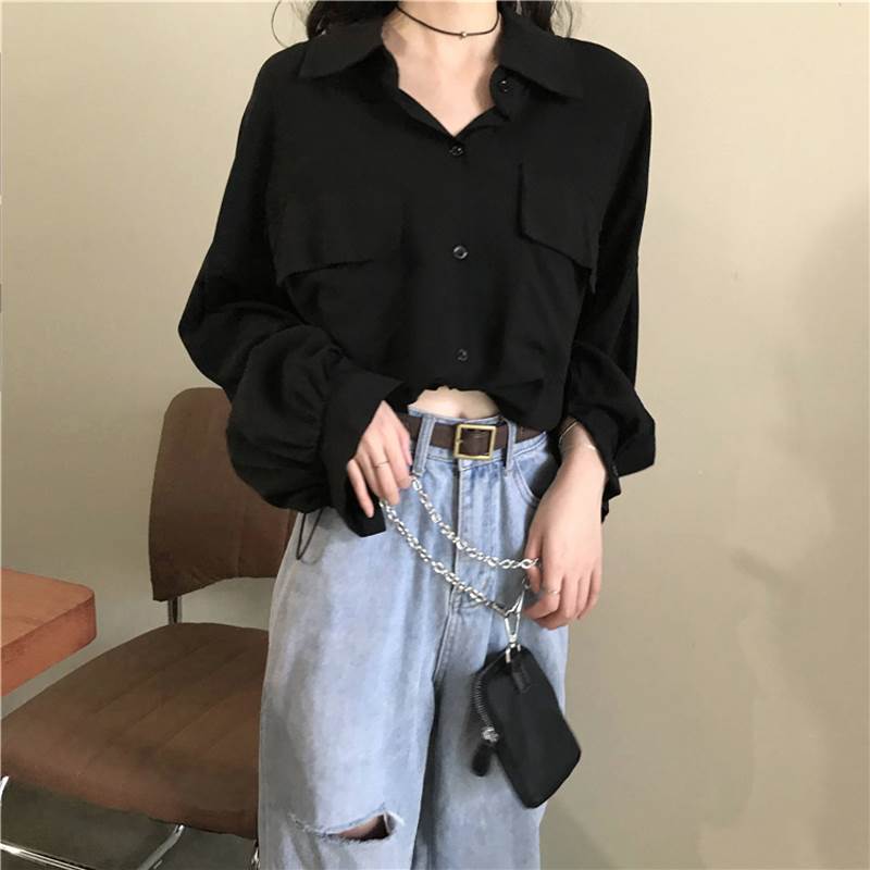 ショート丈 長袖 シャツ トップス ショート 袖あり ドロップショルダー 萌袖 襟付き ポケット 前開き かわいい 大人可愛い シンプル カジュアル 大人 おしゃれ お洒落 大人女子 こなれ感 ルーズ モード系 無地 春 秋 10代 20代 レディース 通勤 学生 通学 デート