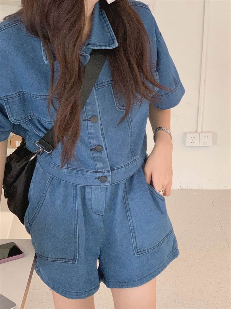 デニム セットアップ 上下セット 2点セット トップス ボトムス パンツ ジャケット ズボン ワイドパンツ ショートパンツ ショート ショート丈 袖あり 半袖 襟付き ワイド ポケット ハイウエスト 前開き ブルーデニム ツーピース かわいい 大人可愛い シンプル カジュアル