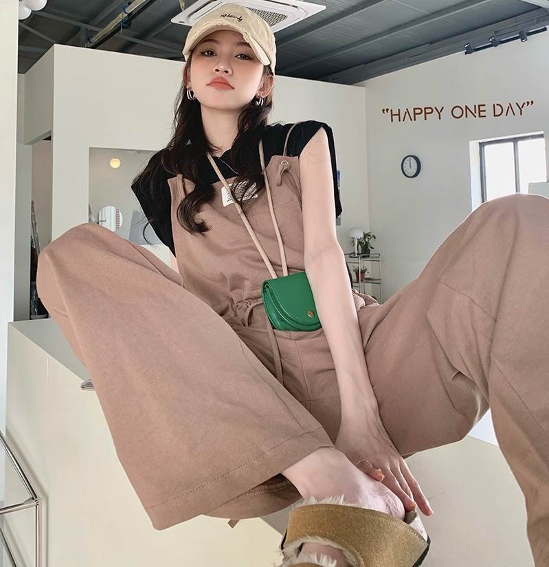 ロング丈 ルーズ サロペット ボトムス パンツ ズボン ワイドパンツ ロング 袖なし ノースリーブ 襟なし ストレート ワイド ウエストリ..