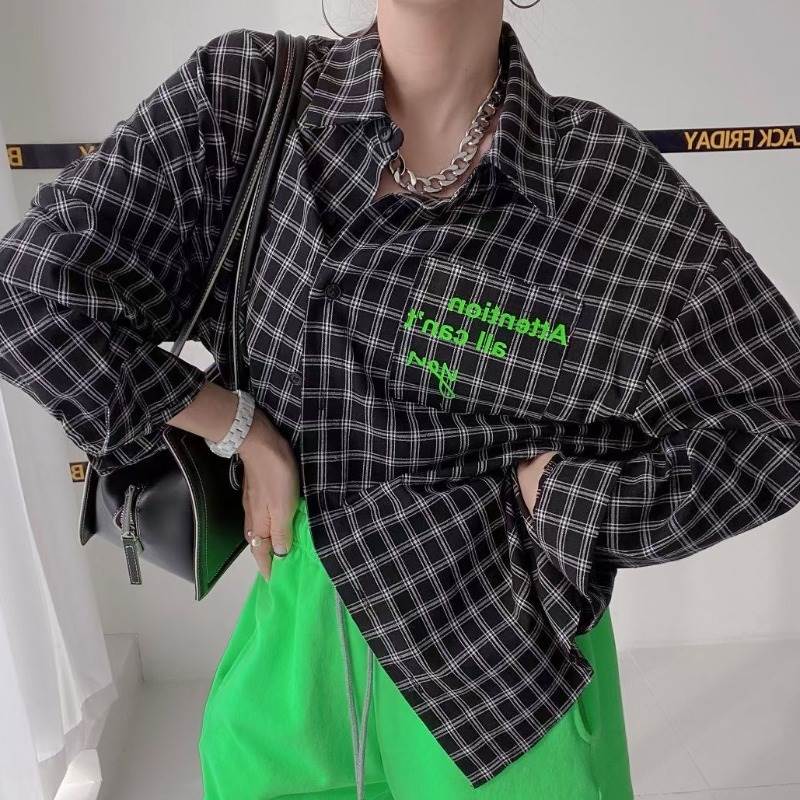 カラバリチェック柄ロゴ入り長袖シャ...