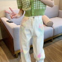 絞り染め ハイウエスト デニムパンツ ボトムス パンツ Gパン ズボン ワイドパンツ ストレートパンツ ロング ロング丈 ストレート ワイド ファスナー ポケット デニム カラーデニム 薄手 かわいい 大人可愛い カジュアル 大人 おしゃれ お洒落 大人女子 こなれ感 ルーズ(4)