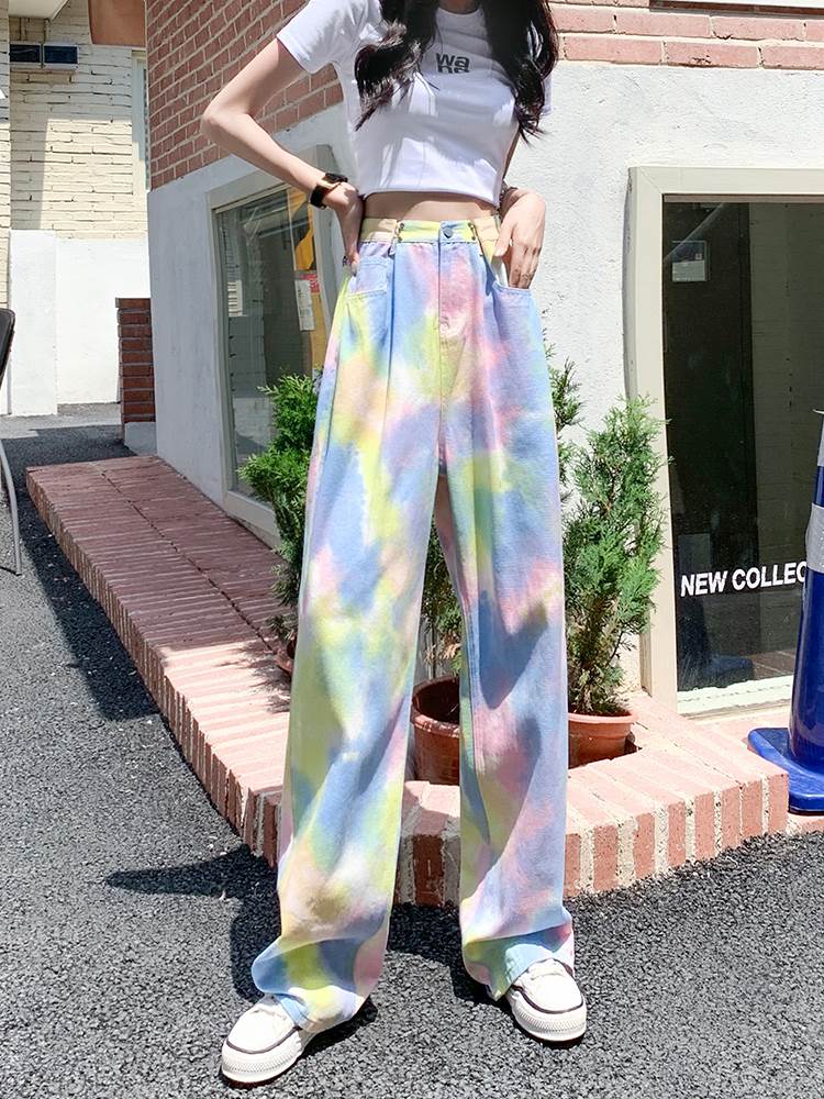 Rakuten - タイダイ柄 ハイウエスト デニムパンツ ボトムス パンツ Gパン ズボン ワイドパンツ ロング ロング丈 ストレート ワイド ポケット 綿 デニム カラーデニム かわいい 大人可愛い カジュアル 大人 おしゃれ お洒落 大人女子 こなれ感 主役級 存在感 柄 絞り染め 春 夏 秋