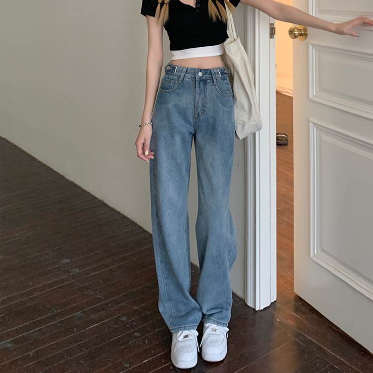 Straight Jeans - 脚長 ロング丈 ハイウエスト デニムパンツ ボトムス Gパン ズボン ワイドパンツ ストレートパンツ ロング ロング丈 ストレート ワイド ポケット ハイウエスト デニム ブルーデニム 薄手 かわいい 大人可愛い シンプル カジュアル 大人 おしゃれ お洒落 大人女子