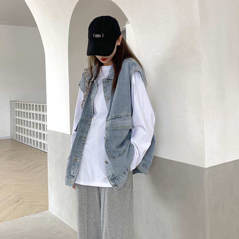 大きいサイズ セットアップ ロンT デニム ベスト 2点セット トップス アウター Tシャツ ミディアム丈 袖なし ノースリーブ 長袖 ラウンドネック 襟付き 前開き ブルーデニム ツーピース シンプル カジュアル 大人 おしゃれ お洒落 かっこいい こなれ感 メンズライク