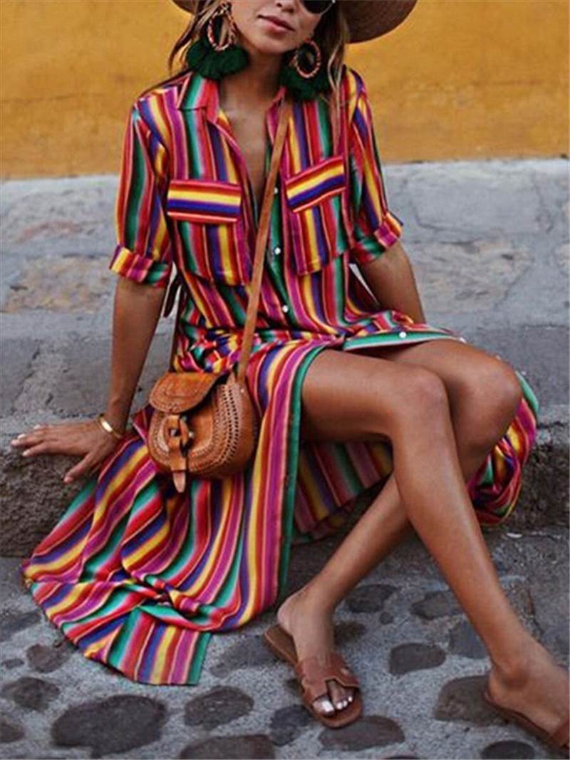 半袖 マキシ丈 シャツワンピース シャツ ワンピース 膝下 ロング ロング丈 マキシ 袖あり 五分袖 Vネック 襟付き 前開き 大人可愛い カジュアル 大人 おしゃれ お洒落 レトロ アジアン エスニック 大人女子 こなれ感 ラフ ルーズ 個性的 存在感 柄 ストライプ シマ 春