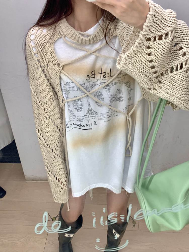 セットアップ レディース Tシャツ ショート丈 ニット セーター 2点セット トップス ミディアム丈 袖あり 半袖 長袖 ラウンドネック 襟なし クロシェ 編み込み 透け感 ツーピース かわいい 大人可愛い カジュアル おしゃれ 大人女子 こなれ感 ルーズ 個性的 お食事会 清潔感