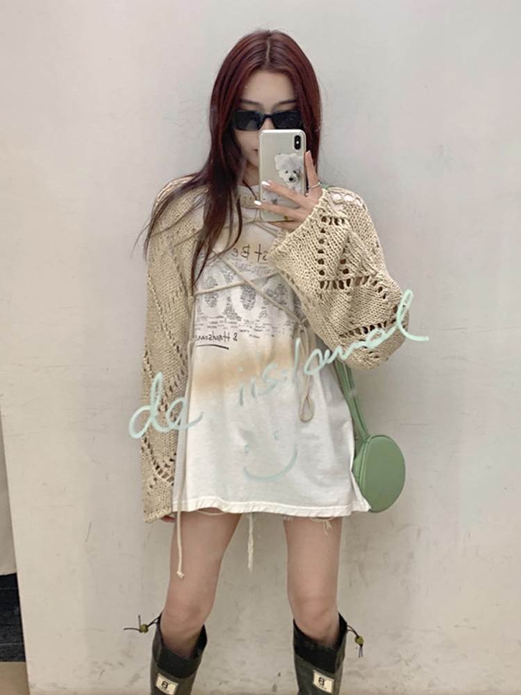 セットアップ レディース Tシャツ ショート丈 ニット セーター 2点セット トップス ミディアム丈 袖あり 半袖 長袖 ラウンドネック 襟なし クロシェ 編み込み 透け感 ツーピース かわいい 大人可愛い カジュアル おしゃれ 大人女子 こなれ感 ルーズ 個性的 お食事会 清潔感