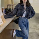チェック柄 ショート丈 長袖 シャツ トップス ショート 袖あり ドロップショルダー 襟付き 前開き かわいい 大人可愛い シンプル カジュアル 大人 おしゃれ...