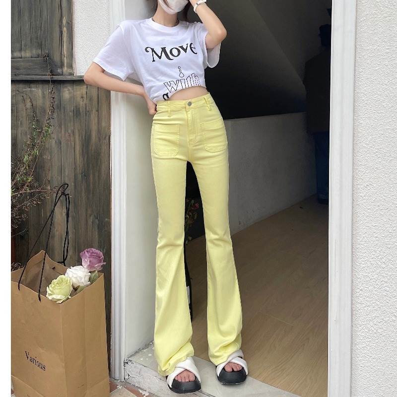 美脚脚長ハイウエストデニムフレアパ...