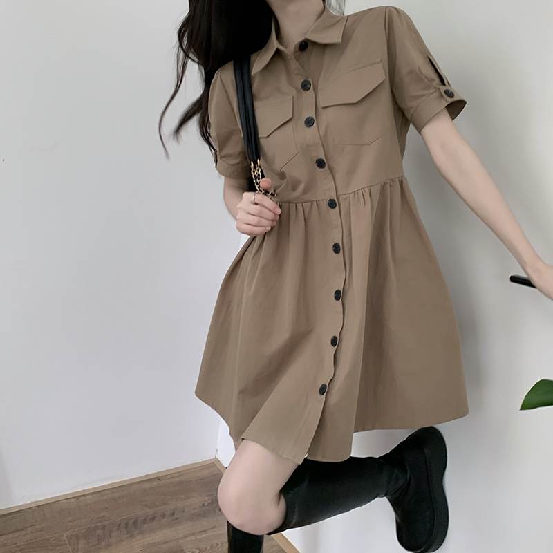 半袖 ミニ丈 シャツワンピース ワンピース ミニ 膝上 袖あり パフスリーブ 襟付き Aライン 切り替えデザイン ポケット ハイウエスト かわいい 大人可愛い シンプル カジュアル 大人 おしゃれ お洒落 大人女子 キュート ルーズ 無地 夏 10代 20代 レディース 通勤 学生