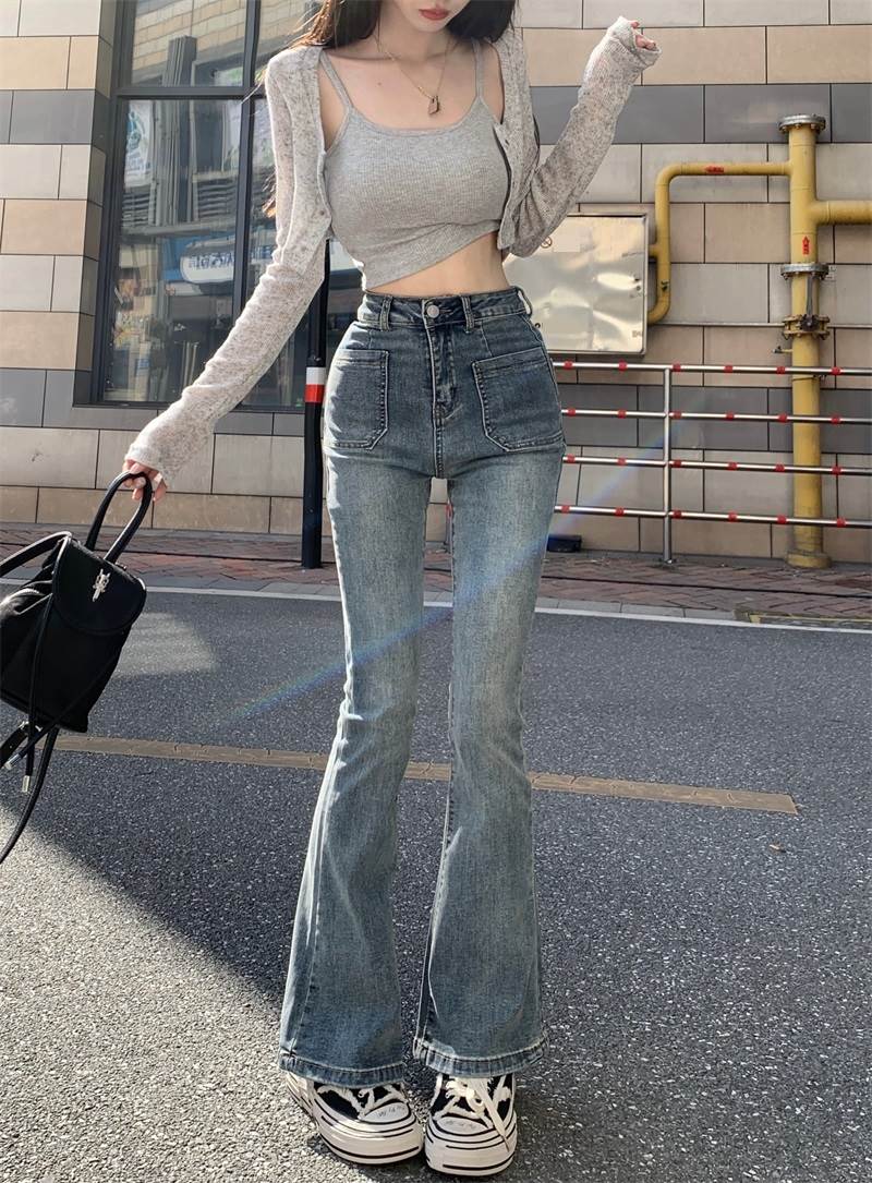 美脚脚長ハイウエストフレアデニムパ...