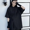 襟付き カシュクール シャツ トップス ミディアム丈 袖あり 半袖 ドロップショルダー Vネック アシンメトリー 腰紐 綿 ポリエステル シンプル カジュアル ...