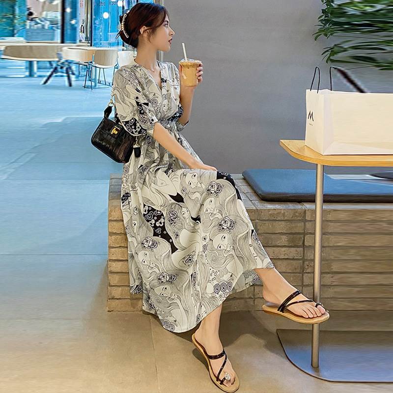 ミモレ丈 5分袖 カシュクール ワンピース 膝下 ミモレ 袖あり 半袖 五分袖 Vネック 襟なし スリム 細身 Aライン 切り替えデザイン ポケット ハイウエスト 伸縮性 かわいい 大人可愛い きれいめ カジュアル 大人 上品 おしゃれ お洒落 レトロ 個 韓国 オルチャン