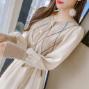 アーガイル柄 ウエストリボン 重ね着風 ニット ワンピース 膝下 ミモレ ミモレ丈 袖あり 長袖 ラウンドネック 襟なし スリム Aライン 切り替えデザイン リ...