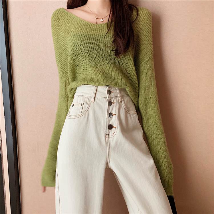 Straight Jeans - ハイウエスト ストレート デニムパンツ ボトムス パンツ ズボン ワイドパンツ ストレートパンツ ロング ロング丈 ワイド ポケット デニム カラーデニム 薄手 かわいい 大人可愛い シンプル カジュアル 大人 おしゃれ お洒落 こなれ感 ルーズ 無地 春 夏 秋 10代 20代