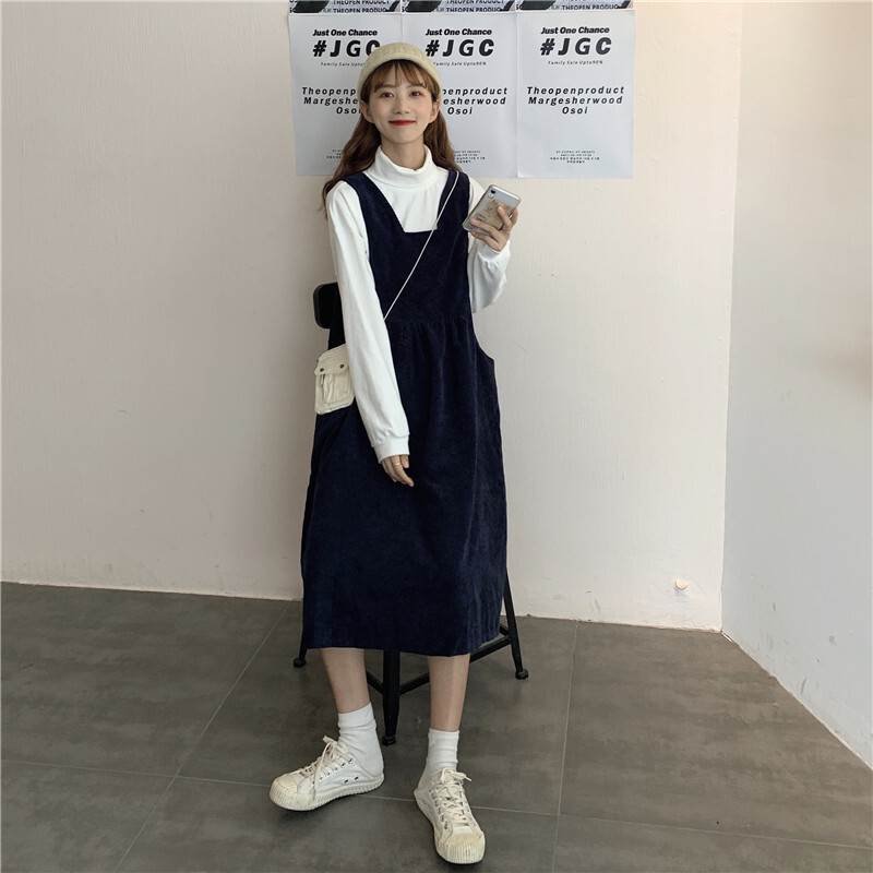 セットアップ トップス コーデュロイ ジャンパースカート 2点セット ワンピース 白トップス ジャンスカ 膝下 ミモレ ミモレ丈 ノースリーブ 長袖 タートルネック Aライン 切り替えデザイン ハイウエスト ツーピース かわいい 大人可愛い シンプル カジュアル おしゃれ