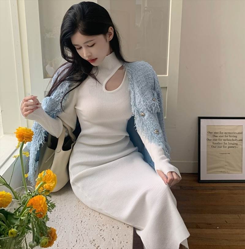 乐天商城 - ワンショル 半ハイネック リブニット ワンピース ニットワンピース 膝下 ミモレ丈 袖あり 長袖 ワンショルダー 襟付き スリム 細身 Aライン ハイウエスト リブ 伸縮性 ニット かわいい 大人可愛い きれいめ シンプル カジュアル 大人 おしゃれ お洒落 大人女子 個性的
