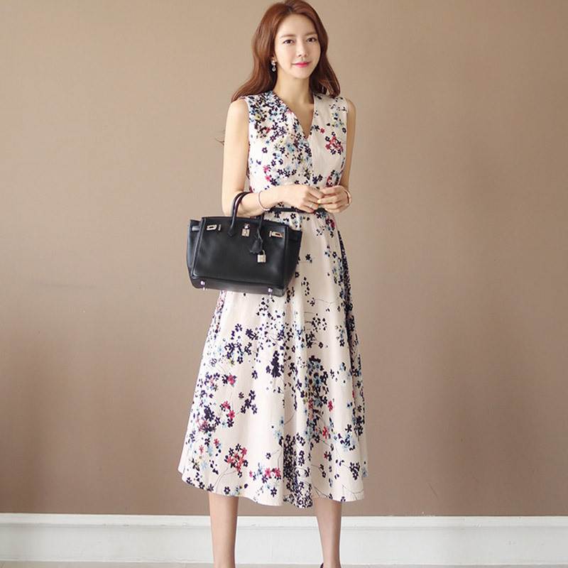 夏韓国スタイル女性エレガント V ネックウエストミッドレングス花スイングファッションドレス ワンピース フレアワンピース 膝丈 膝下 ノースリーブ Vネック Aライン シフォン ベルト ウエストマーク ハイウエスト 大人可愛い きれいめ シンプル カジュアル 大人 お洒落