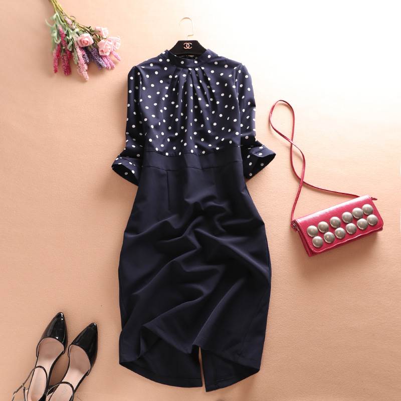 ワンピース ロング丈 七分袖 スタンドカラー ストレート ハイウエスト かわいい 大人可愛い きれいめ 上品 おしゃれ ドット柄 水玉 春 夏 秋 10代 20代 30代 レディース デート お出かけ ファッション サイズ L XL 2XL 3XL ネイビー