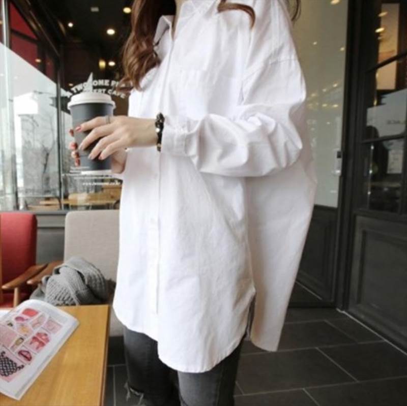 乐天商城 - トップス シャツ 白シャツ ロング丈 袖あり 長袖 襟付き ストレート ファスナー かわいい 大人可愛い きれいめ シンプル カジュアル おしゃれ お洒落 かっこいい 個性的 無地 春 秋 10代 20代 30代 レディース デート お出かけ ファッション サイズ S M L XL 2XL