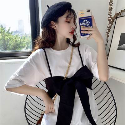 セットアップ ビスチェ Tシャツ 2点セット トップス キャミソール 白シャツ 白トップス ミディアム丈 袖あり 半袖 ラウンドネック リボン バックリボン 2way ツーピース かわいい 大人可愛い カジュアル 大人 おしゃれ お洒落 大人女子 ガーリー 無地 春 夏 10代 20代