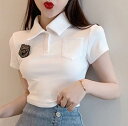 トップス ポロシャツ 白トップス クロップド丈 半袖 襟付き ストレート かわいい シンプル カジュアル おしゃれ お洒落 メンズライク 夏 10代 20代 レ...