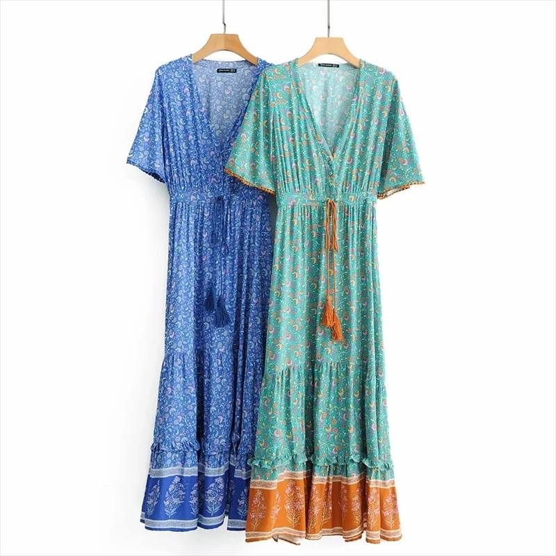 Nylon, Rayon, Polyester - ドレス ロング ロング丈 袖あり 半袖 Vネック プルオーバー クリエイティブ きれいめ シンプル カジュアル 大人 上品 おしゃれ お洒落 かっこいい レトロ 大人女子 こなれ感 モダン 主役級 存在感 抜け感 オールマッチ ハイエンド 爽やか 清涼感 シック 花柄 小花柄