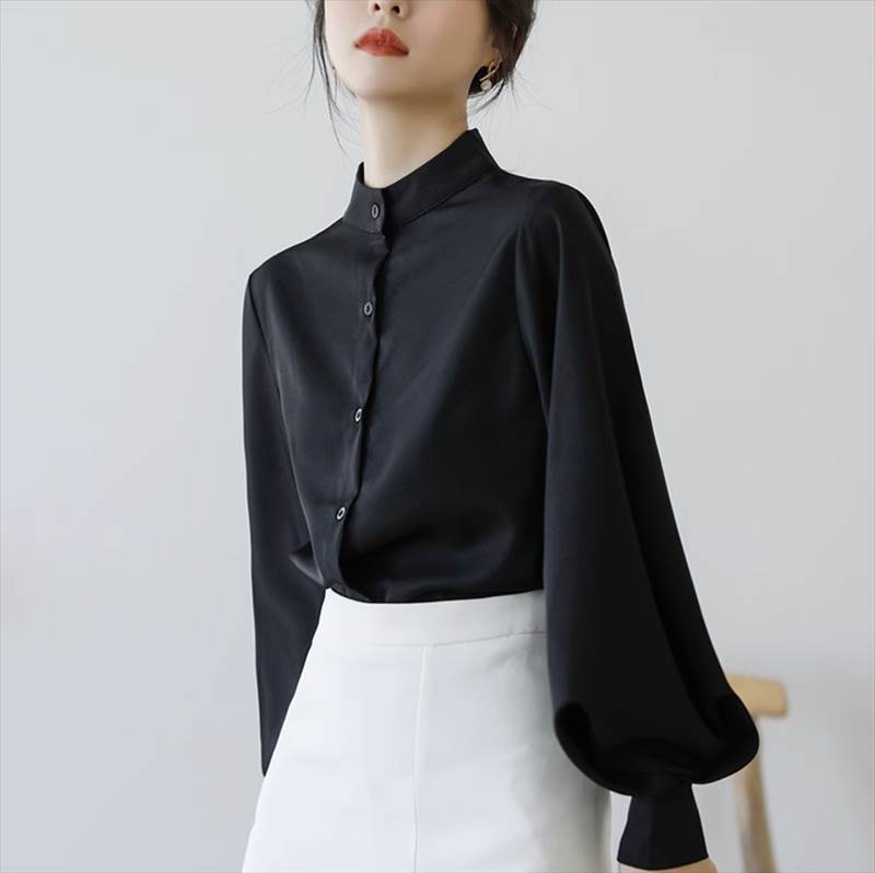 乐天商城 - ブラウス レディース トップス シャツ 長袖 ボリューム袖 バルーン袖 スタンドカラー フェミニン シフォン 前開き ボタン かわいい 大人可愛い きれいめ シンプル カジュアル 上品 おしゃれ レトロ こなれ感 ラフ ガーリー ルーズ エレガント フォーマル 無地 秋 冬