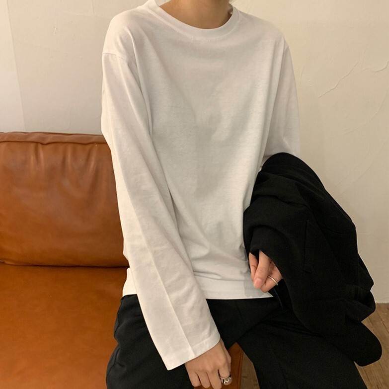 Long-Sleeved - レディース トップス ロンT プルオーバー Tシャツ ミディアム丈 長袖 ドロップショルダー クルーネック 襟なし シンプル カジュアル 上品 おしゃれ かっこいい こなれ感 メンズライク クール モード系 ベーシック 無地 春 秋 冬 ロングシーズン ママ 女の子 学生 学校