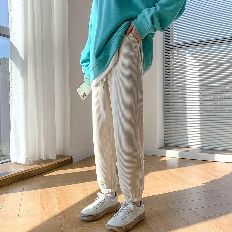 Corduroy - レディース パンツ ボトムス ジョガーパンツ ロング 9分丈 アンクル丈 ポケット ハイウエスト ドロスト 裾ゴム 裏起毛 コーデュロイ シンプル カジュアル 上品 おしゃれ レトロ こなれ感 ベーシック 無地 秋 冬 ママ 女の子 学生 学校 通学 お出かけ アウトドア 公園