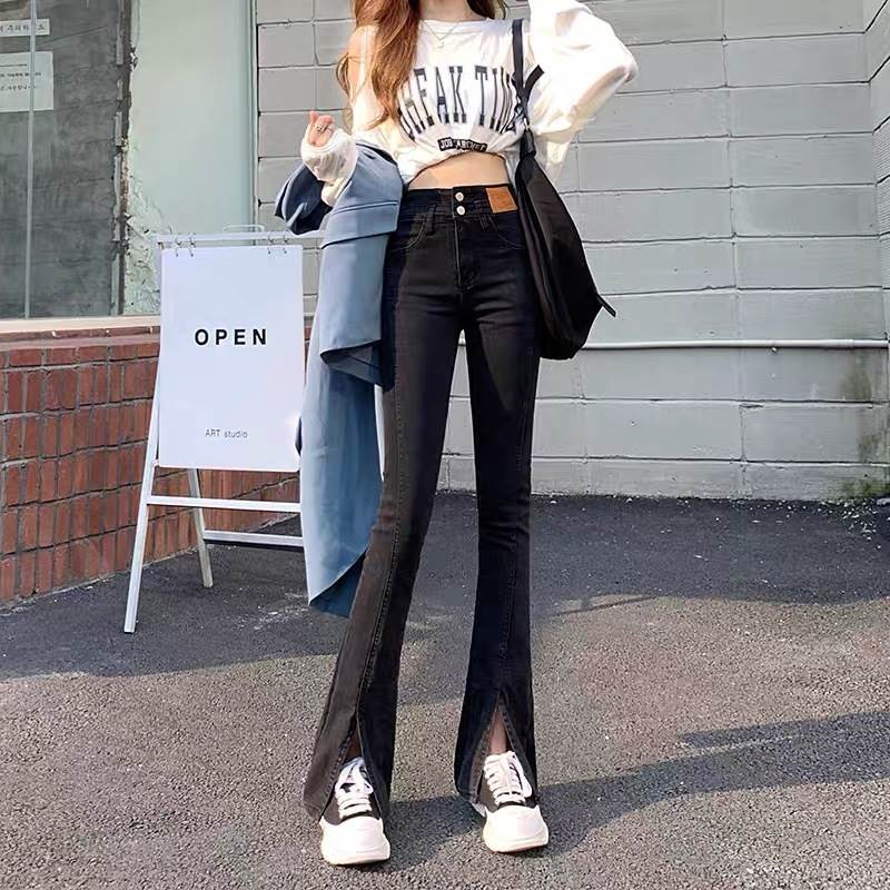 樂天商城 - センタースリット入り フレアパンツ ブーツカット レディース パンツ ボトムス Gパン デニムパンツ ロング タイト スリム 細身 フロント切替え ハイウエスト 前開き デニム ブルーデニム シンプル カジュアル 上品 おしゃれ かっこいい こなれ感 アクティブ セレカジ風