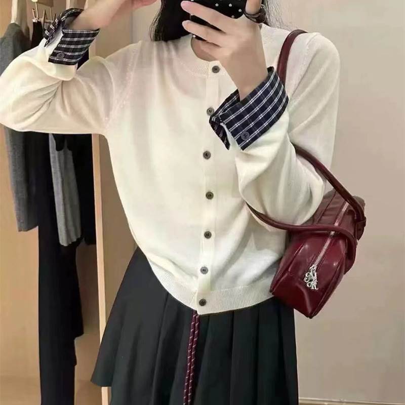 Nylon, Rayon, Polyester - 重ね着風 チェック柄 ニットカーディガン レディース トップス シャツ ニット カーディガン 上着 レイヤード風 羽織 ミディアム 長袖 ラウンドネック 襟なし 前開き ボタン 異素材ミックス かわいい 大人可愛い シンプル カジュアル 上品 おしゃれ こなれ感 個性的