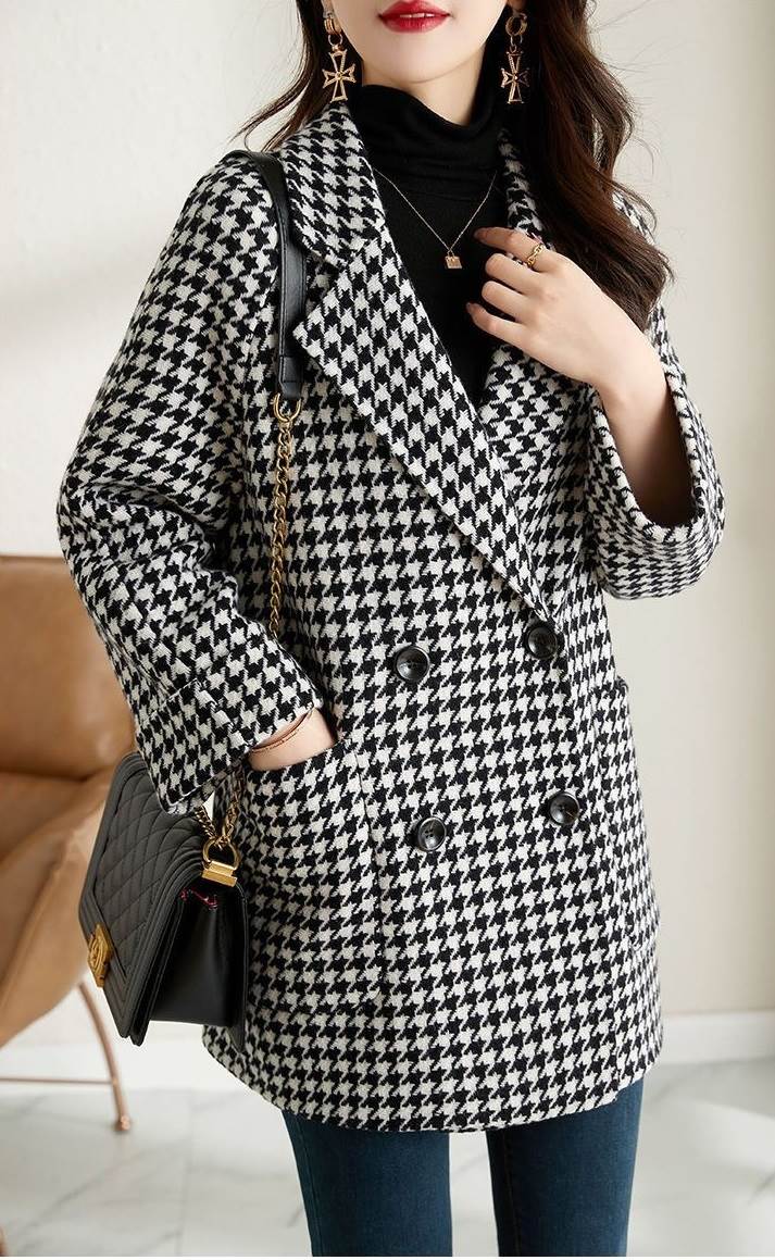 Wool - 千鳥格子柄 Vネック ジャケット コート レディース トップス アウター 上着 羽織 テーラードジャケット 丈長 ミディアム 長袖 襟付き ポケット 前開き ボタン ウール かわいい 大人可愛い きれいめ シンプル カジュアル 上品 おしゃれ こなれ感 個性的 エレガント