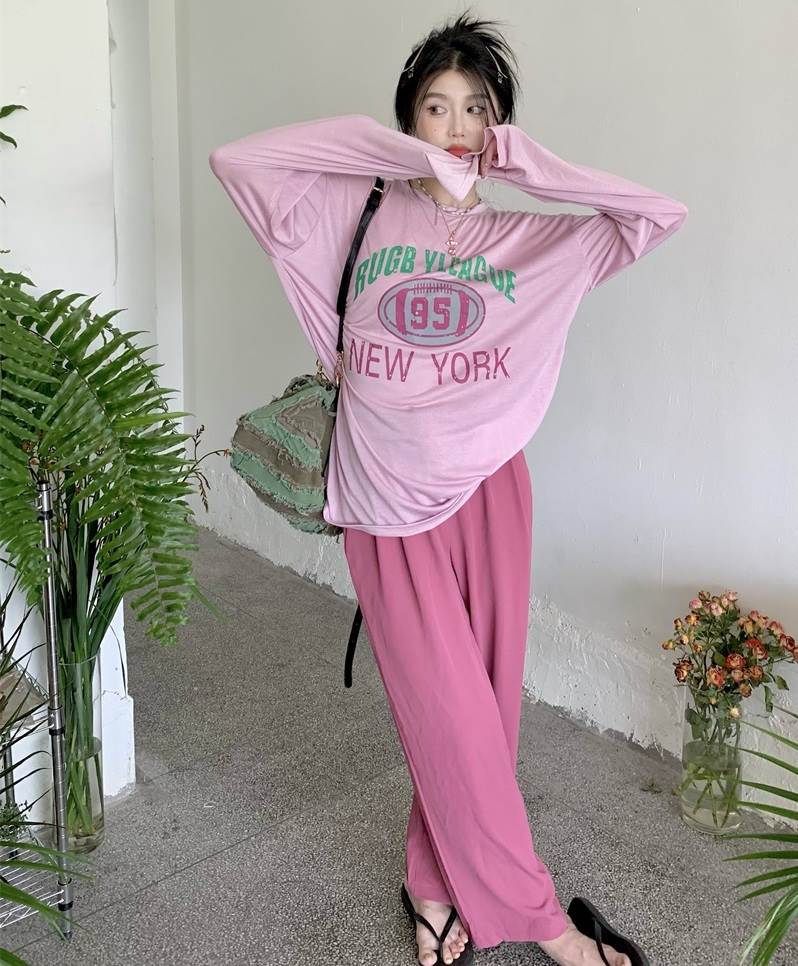 レディース セットアップ ロンT ハイウエスト パンツ 上下セット 2点セット トップス ボトムス Tシャツ ズボン ストレート ロング丈 袖あり 長袖 ラウンドネック ワイド 清潔感 清楚 大人可愛い 韓国 オルチャン 個性的 デザイン おしゃれ